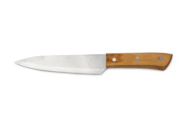 Kahverengi ahşap saplı mutfak bıçağı kesme yolu ile beyaz arka planda izole