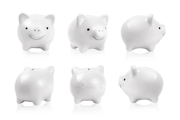 Coleção Banco Piggy Branco Isolado Backgroud Branco — Fotografia de Stock