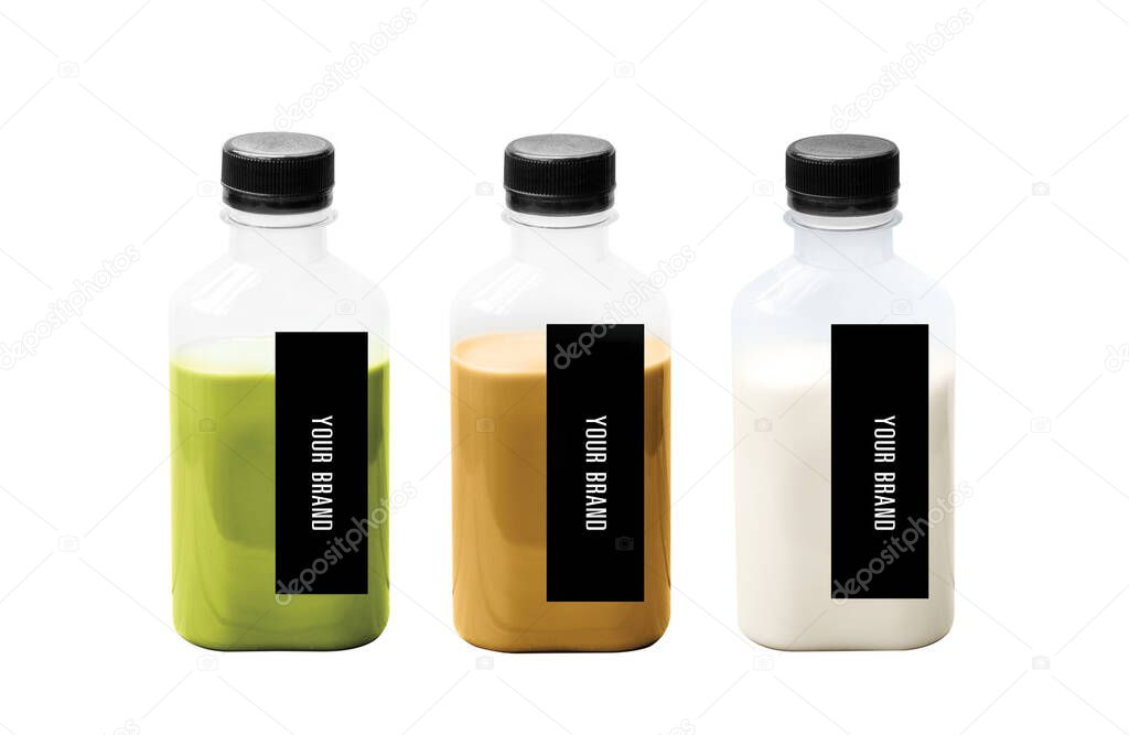 Beverage In Bottle Mock Up Isolated On White Background.Your Brand,Your Design Here,Green Tea,Milk tea,Cocoa