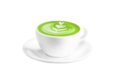 Kırpma yolu ile beyaz zemin üzerinde izole eşleşen yeşil latte fincan