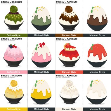 Bingsu ya da Kakigori seti Kore 'nin en popüler tatlı illüstrasyon vektörü. 
