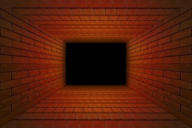 Perspektif kırmızı tuğla duvar odası karanlık tarafa. Korku arka planı.