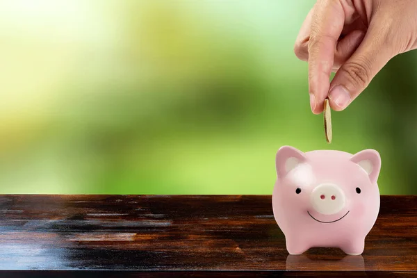 Infoga Mynt Piggy Bank Träbord Med Kopieringsutrymme Spara Pengar Concept — Stockfoto