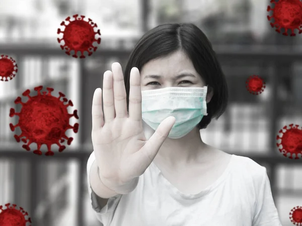 Sluta Coronavirus Eller Covid Koncept Asiatisk Kvinna Bär Mask Och — Stockfoto