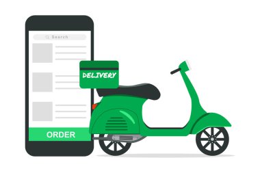 Çevrimiçi yiyecek dağıtımı kavramı. Mobil uygulamalı yeşil scooter.