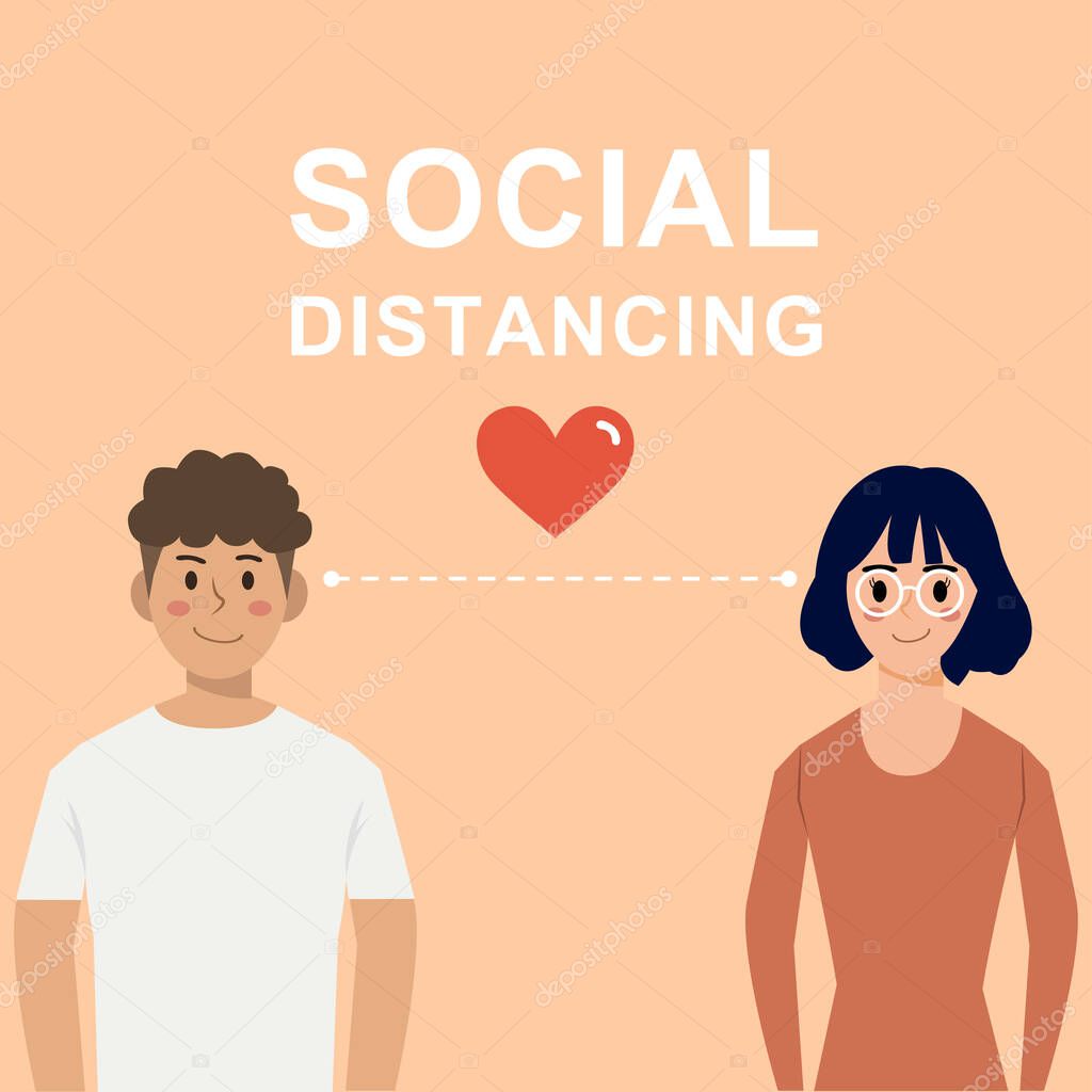 social distancing concept,lovely couple characters in love,keeping dintance