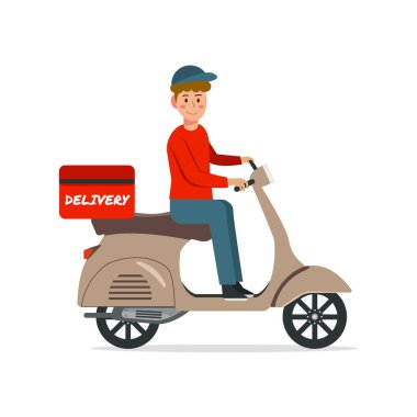 Teslimatçı kahverengi scooter çizim vektörüne biniyor.