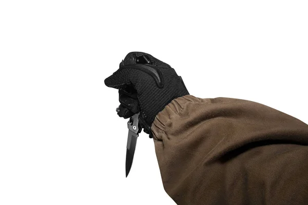 Soldado isolado braço segurando faca tática . — Fotografia de Stock