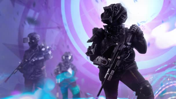 Soldati SWAT robotici su uno sfondo futuro della città . — Video Stock
