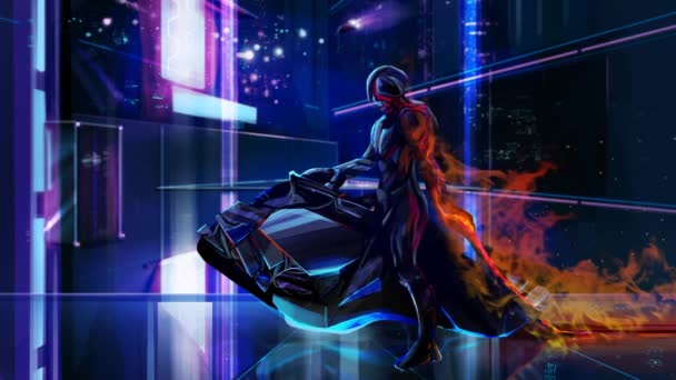 Sci-Fi neon warrior op fiets. — Stockvideo