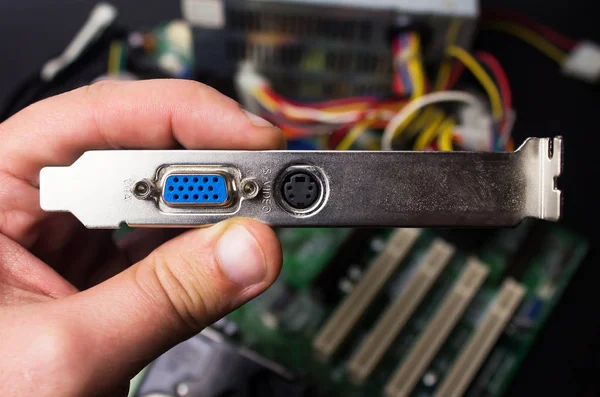 First Person View Hands Holding Vga Computer Video Card Motherboard — Stock Photo, Image