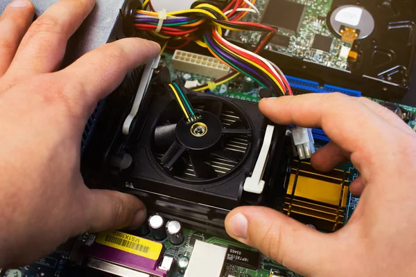 First Person View Hands Installing Computer Cooler Motherboard — Stock Photo, Image