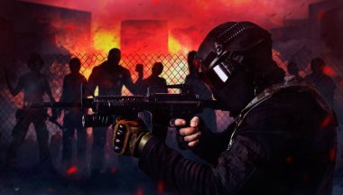 Photo of a swat soldier shooting at attacking zombies on a night burning city background. clipart
