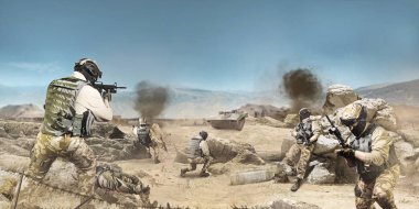 Bir asker fotoğrafı mücadele ve çöl battlefied arka plan üzerinde atacking.