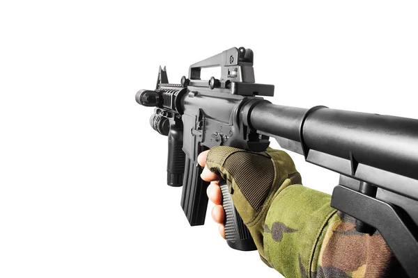 Primeira Pessoa Vista Soldado Mão Segurando Rifle Automático Vista Lateral — Fotografia de Stock