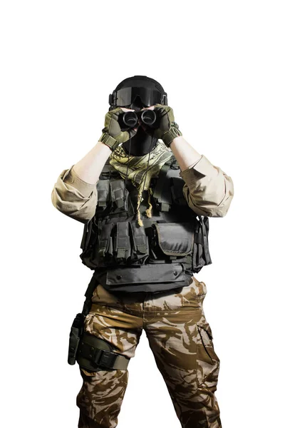 Foto Izolované Vojáka Obleku Pózuje Drží Dalekohled — Stock fotografie