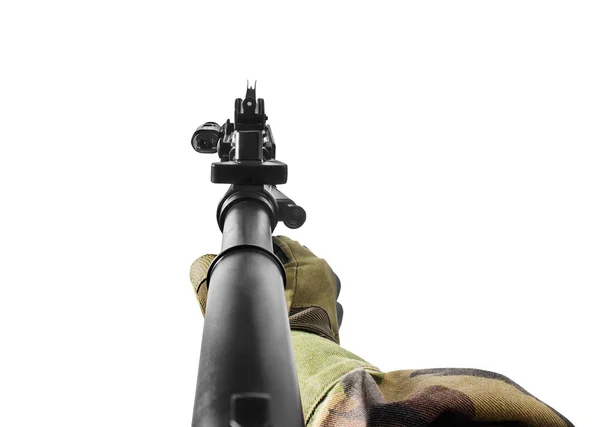 Primeira Pessoa Vista Soldado Mão Segurando Rifle Automático Vista Frontal — Fotografia de Stock