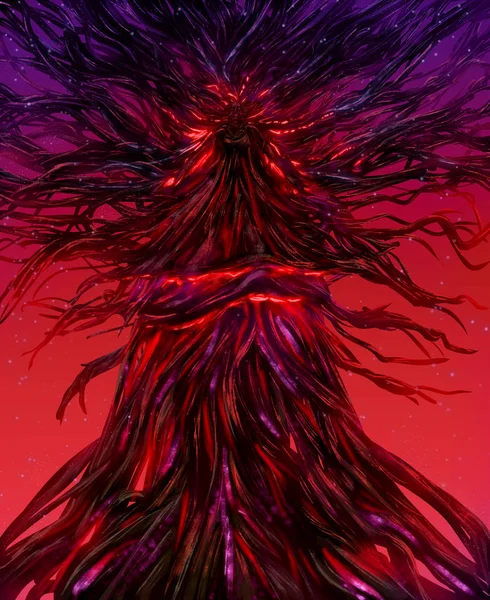 Ілюстрація Фентезійної Богині Замкненої Вогні Світиться Дереві Малиновим Фоном — стокове фото