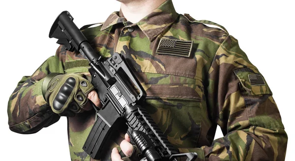 Izolované Closeup Fotografii Stojící Mužské Hrudi Vojenské Sako Automatickou Pušku — Stock fotografie