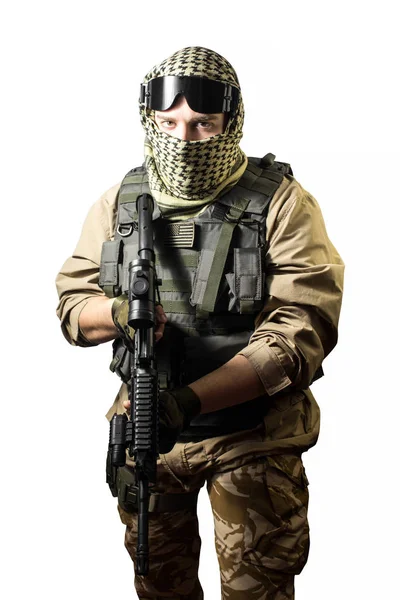 Isolated Photo Fully Equipped Military Soldier Standing Rifle Tactical Glasses — Stock Photo, Image
