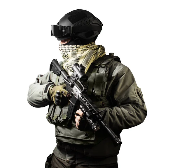 Tam Donanımlı Bir Askeri Asker Tüfeği Kask Ceket Profil Görünümü — Stok fotoğraf