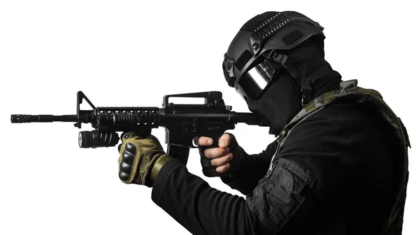 Isolated Photo Fully Equipped Swat Soldier Standing Aiming Rifle Profile — Stock Photo, Image