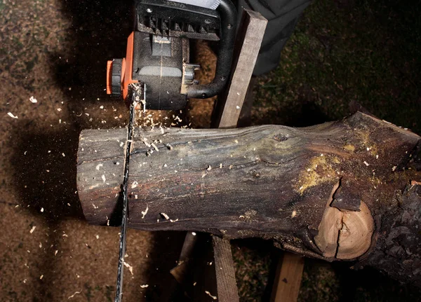 Foto Del Trabajador Que Corta Madera Vista Superior Del Tronco — Foto de Stock