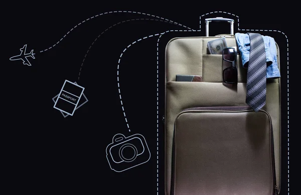 Photo of a travel suitcase packed with shirt, tie, money and sunglasses with line art elements of plane, passport and camera standing on black background.