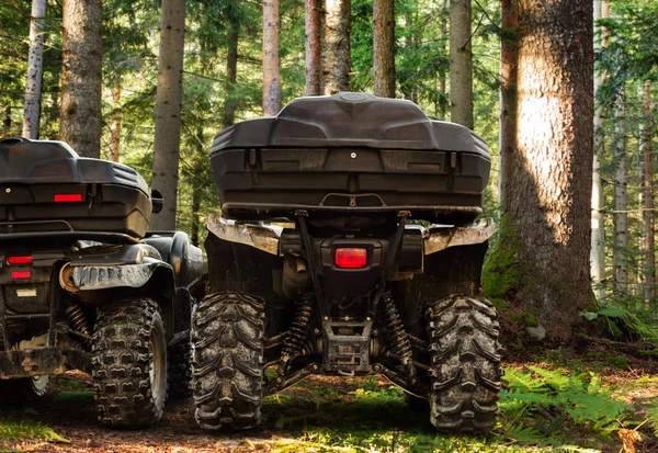 Veículos atv sujos em pé na floresta vista traseira do tronco . — Fotografia de Stock