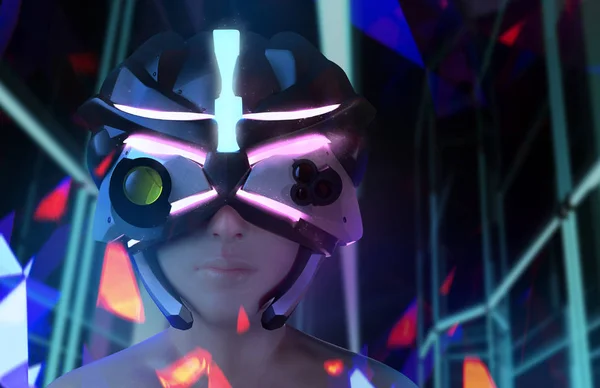 Futuristische sci-fi vrouwelijk gezicht in helm met neon achtergrond. — Stockfoto