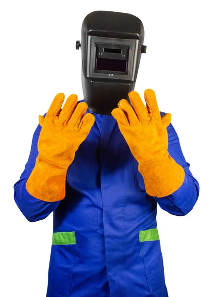 Απομονωμένος συγκολλητής σε πορτοκαλί γάντια και όρθια μάσκα. — Φωτογραφία Αρχείου