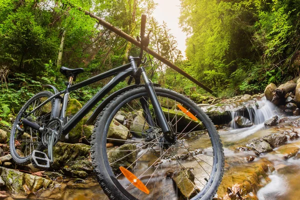 Mountain bike de pé em um córrego do rio floresta . — Fotografia de Stock