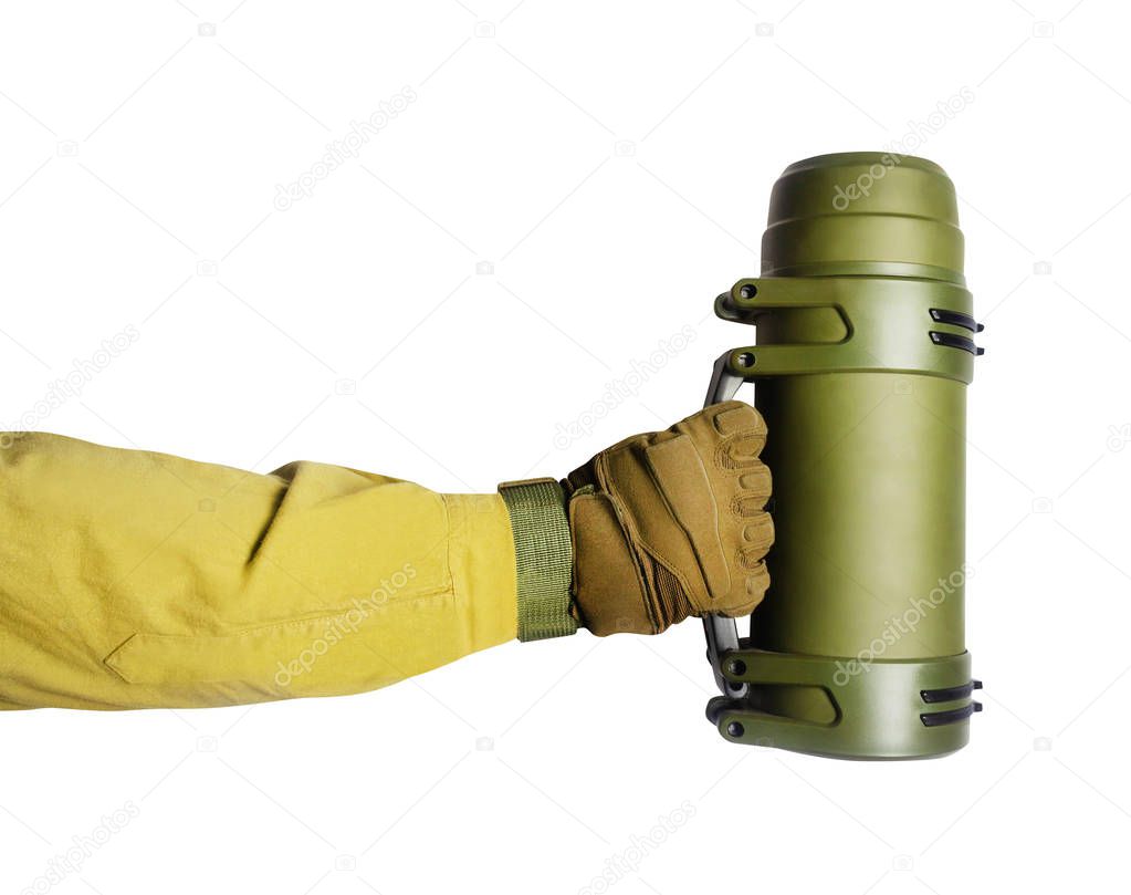 Tactical hand holding thermos side view.