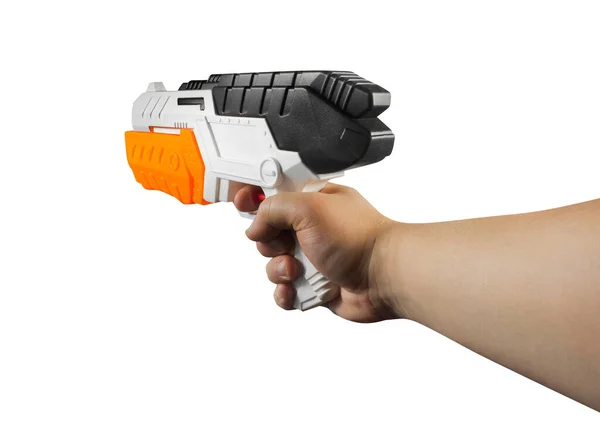 Geïsoleerde Foto Van Hand Houden Van Een Plastic Waterpistool Witte — Stockfoto