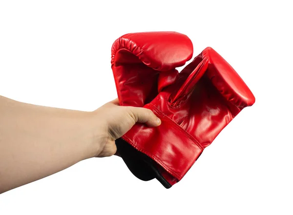 Foto Isolada Mão Masculina Segurando Luvas Boxe Vermelho Fundo Branco — Fotografia de Stock