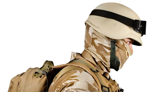 Izolovaná Fotografie Pouštního Vojáka Uniformě Helmou Opěradlem Pohled Profil — Stock fotografie