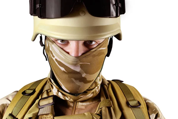 Isolated Photo Fully Equipped Desert Soldier Helmet — Stock Photo, Image
