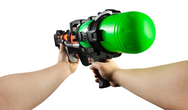Geïsoleerde Foto Van Handen Met Een Plastic Multi Gekleurde Waterpistool — Stockfoto