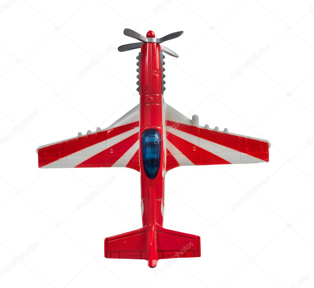 Isolated photo of a race sport airplane toy on white background upper view.