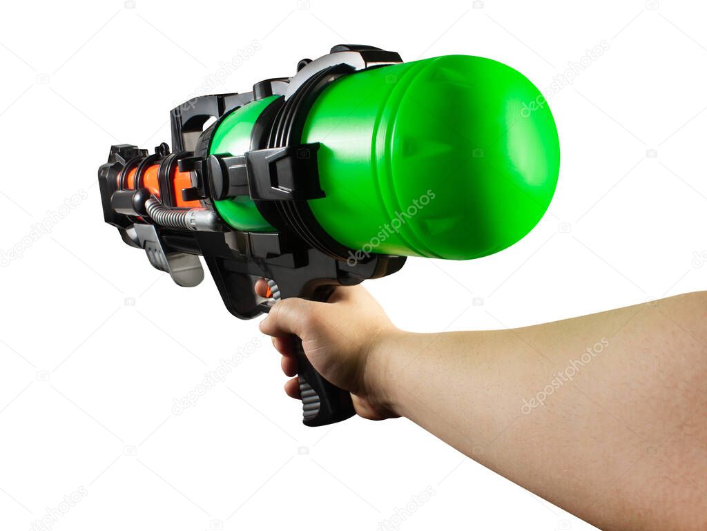 Isolated photo of hand holding a plastic multi-colored water gun on white background first person view.