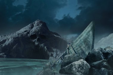 Deniz kafatası mağarası, tepeler ve kıyıya çakılmış tekneler..