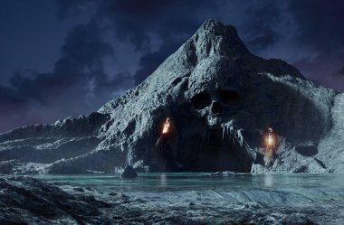 Dehşet 3D, deniz kafatası mağarası görüntüsü. Tepeler ve meşale önü manzaralı..