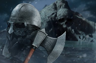 Kafatası mağarası tepelerinde deniz arka planında baltadaki Viking miğferinin 3D çizimi.