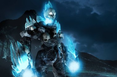 Fantezi buz golem yaratığının insan kafatasları ve deniz kıyısının arka planında parlayan elleri ile 3D çizimi.