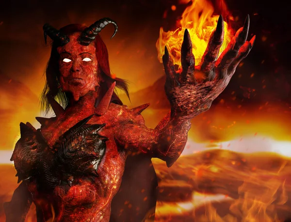 3D渲染地狱恶魔女神站立并向燃烧的地狱背景近景施放火咒的图解 — 图库照片