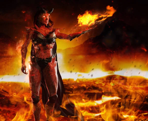 Render Illusztráció Pokoli Démon Istennő Álló Öntsön Tűz Varázslat Égő — Stock Fotó