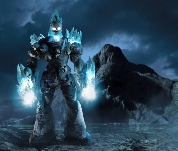 3d render illustration of fantasy ice golem creature with human skulls and glowing hands standing on skeleton cave sea shore background.