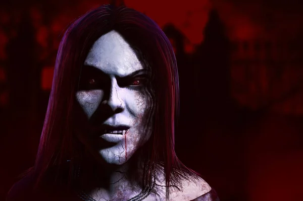 Renderizar Ilustração Horror Feminino Vampiro Monstro Rosto Escuro Carmesim Cemitério — Fotografia de Stock