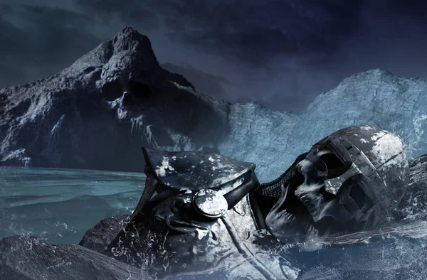 丘や死んだバイキングの骨格を持つ海の頭蓋骨の洞窟の3Dレンダリングイラストは鎧やヘルメット海岸に敷設のまま — ストック写真