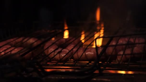 Matlagning Flammande Grill Grillkorv Grill — Stockvideo